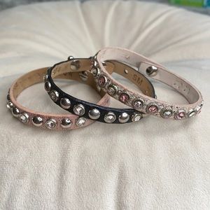 Set of 3 Leather Cuffs with Studs and Swarovski SM